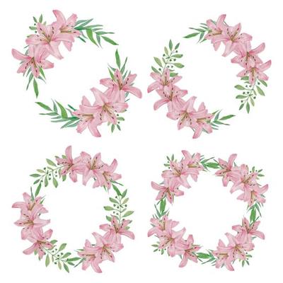 Watercolor pink lily flower wreath set