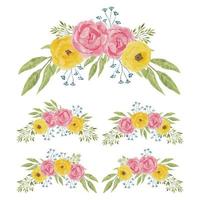 Watercolor yellow and pink peony flower curved bouquet set  vector