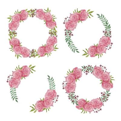 Pink rose watercolor flower circle frame set