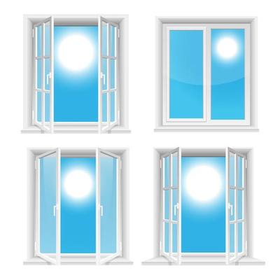 Transparent windows and sunny sky isolated on white background