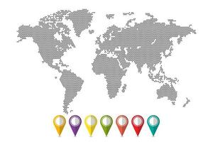 Pixelated World Map with Pin Set  vector