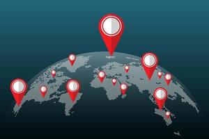 Pixels world map with location pins  vector