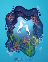 Paper art seahorse under the sea scene vector