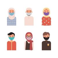 Set of muslim avatars wearing medical masks