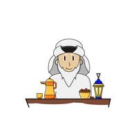 Old Muslim Man at Table with Tea  vector