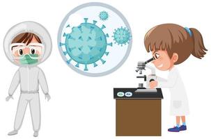 célula de coronavirus y dos científicos en el laboratorio vector