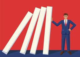 Smiling businessman blocking domino effect vector