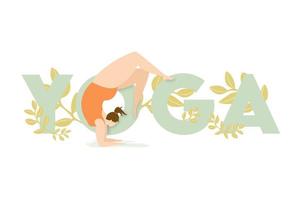 mujer en pose de yoga frente a texto de yoga vector