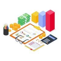 Financial equipment analysis with diagram chart report and document with modern flat isometric style. vector