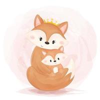 Watercolor style cute fox mother and child