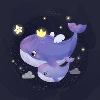 Watercolor style cute whale mother and child vector