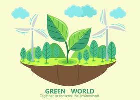 Green world symbol of floating island with large plants vector