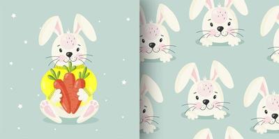 Rabbit with carrots and seamless pattern vector