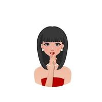 Girl with a bob in a red dress and finger to lips vector