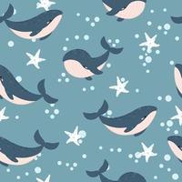Cute whales and starfish seamless pattern vector