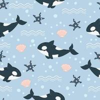 Cartoon whales and shells seamless pattern vector