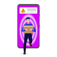 Man with box runs out of mobile phone vector