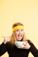 funny woman portrait real people high definition yellow background photo