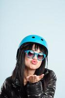 funny woman wearing cycling helmet portrait real people high defition