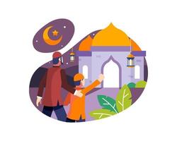 Fondo de Ramadán con padre e hijo yendo a la mezquita vector