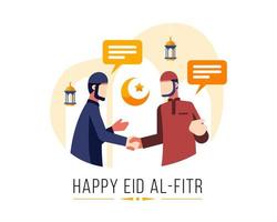 Feliz fondo de eid al fitr con dos hombres musulmanes saludándose vector