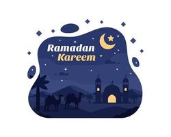 Fondo de Ramadán Kareem con silueta de camello y mezquita en el desierto vector