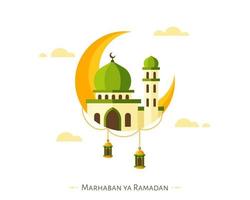 marhaban ya fondo de ramadan con media luna y mezquita vector