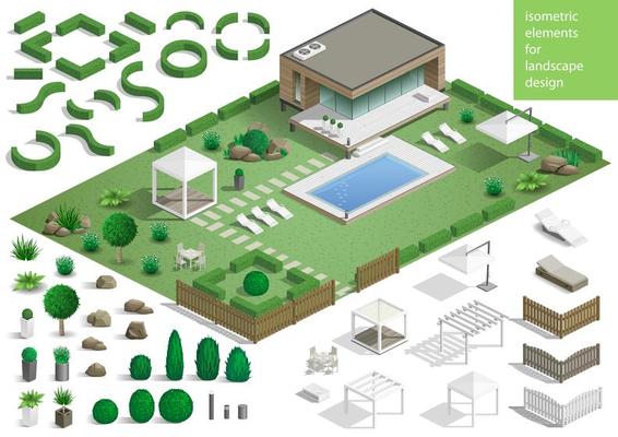 Set of landscape elements for garden or park
