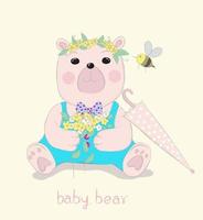 Bear with Flowers on Head and Holding Bouquet vector