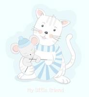 Cat Holding Mouse Knitting Blue Striped Scarf vector