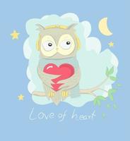 Owl Hugging Heart and Wearing Headphones vector