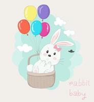 Rabbit in Basket with Colorful Balloons Floating in Sky vector