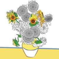 Sunflowers 1889 by Vincent van Gogh adult coloring page vector