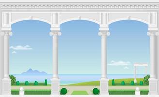 Palace balcony with garden and sea view vector