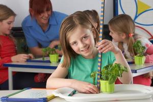Girl learning about plants in school class