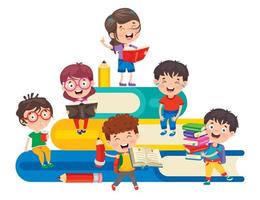 School Children Studying on Pile of Big Books vector