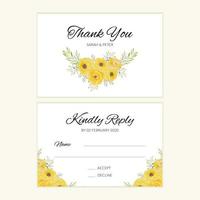 Watercolor wedding RSVP card with yellow rose bouquet vector