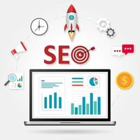 SEO design with rocket and elements around laptop vector