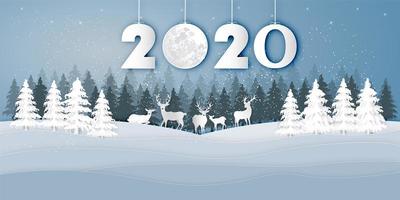 Winter landscape with deer under 2020 paper cut design vector