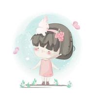 Hand Drawn Little Girl with White Bunny on Head vector