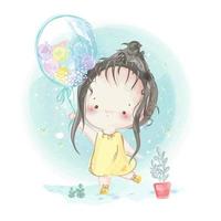 Black-Haired Girl with Yellow Dress and Balloon vector
