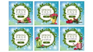 Spring sale circle frame banners with leaves vector