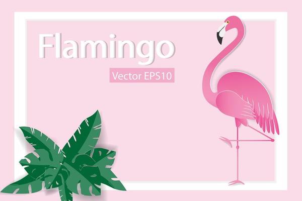 Flamingo in White Frame with Tropical Leaves