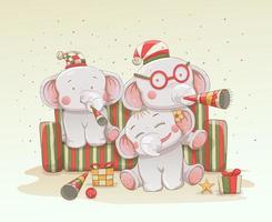 Three cute baby elephants celebrating Christmas 