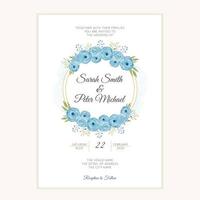 plantilla de invitación de boda con corona de flores de acuarela azul vector