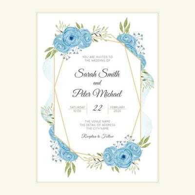 Rustic wedding invitation card with watercolor blue flower frame