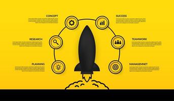 Infographic with launching spaceship surrounded by icons vector