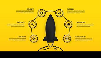 infografía con nave espacial de lanzamiento rodeada de iconos vector