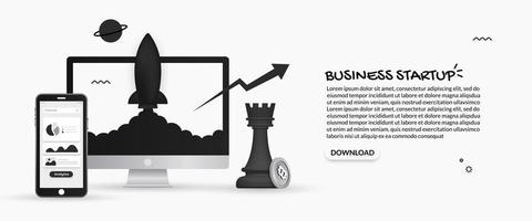 Business startup design with spaceship launching from monitor vector