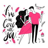 Hand drawn in love couple with ice cream vector